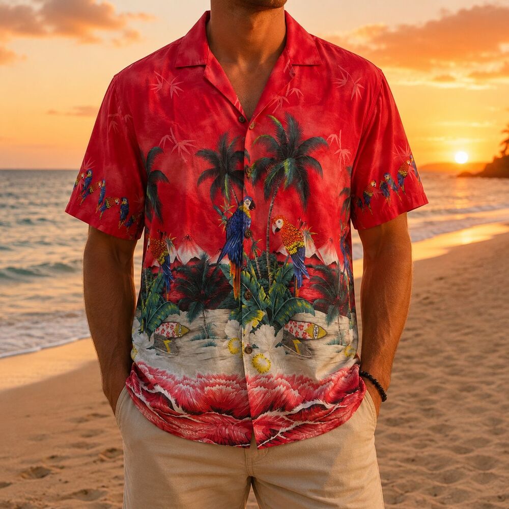 Vtg KY'S Hawaii Parrot Surf Shirt Red Tropical Print Cotton USA Mens M